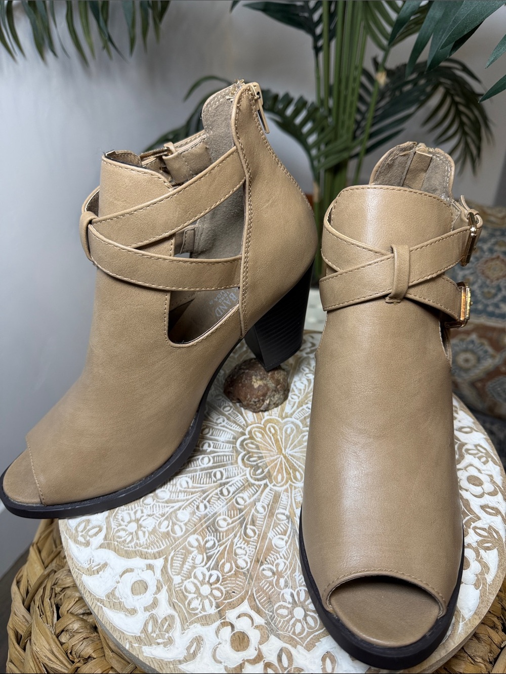 Women’s Taupe Ankle Bootie with Buckle Strap Peep-Toe